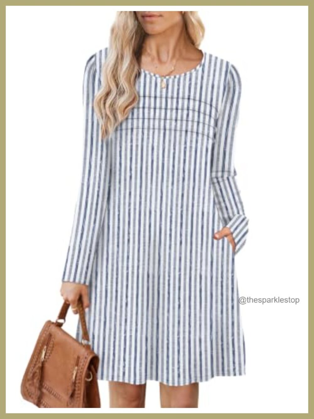 Women's Long Sleeve Tunic Sweater Dress with Pockets Pleated Front Knee Length